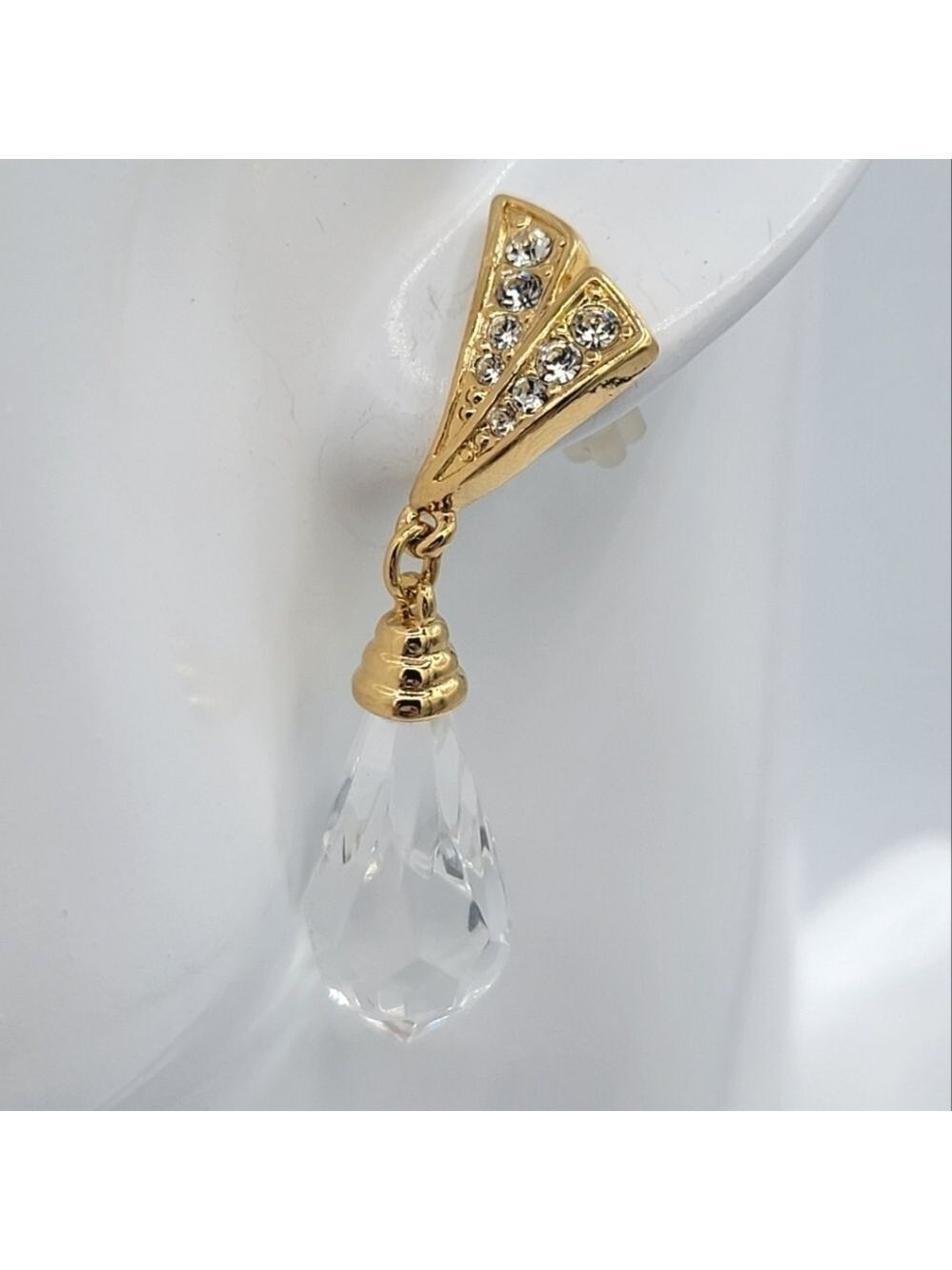 Vintage Gold Tone Earrings Crystal Teardrop #2271